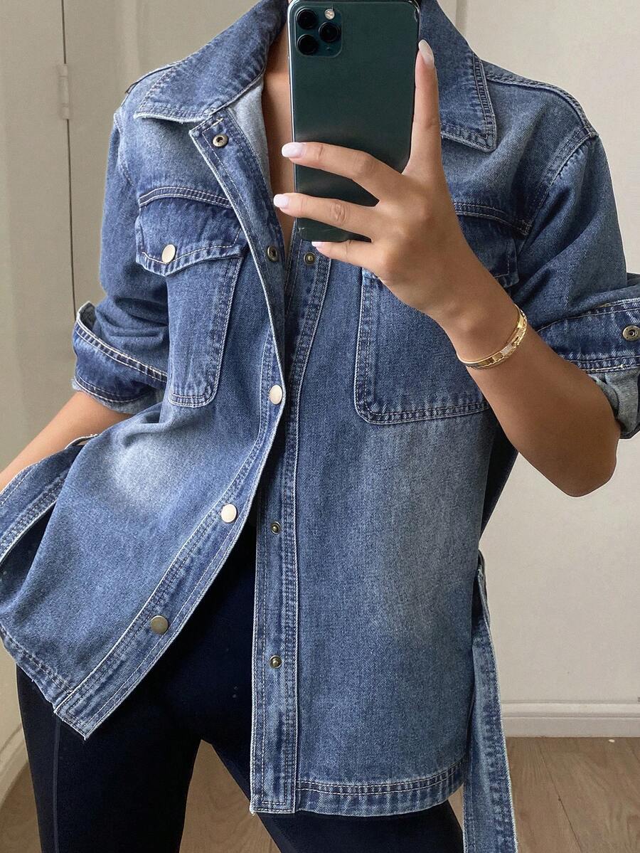 DAZY Women's Loose Fit Waist Tie Adjustable Casual Urban Denim Jacket And Coat - Medium Wash - View 1