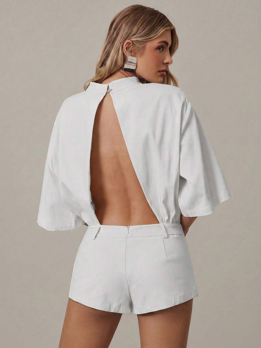 Hauture Women's Exaggerated Shoulder Short Sleeve Open Back Short Romper Old Money Style - White - View 1