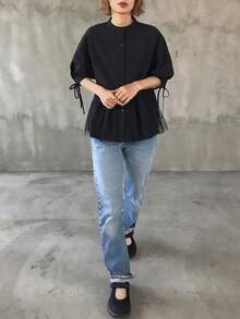 FRIFUL Women's Summer Solid Color Contrast Mesh Pleated Drawstring Tie Bow Loose Casual Versatile Blouse - Black - View 3