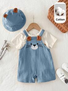 SHEIN Unisex Newborn Baby Boy/Girl 100% Cotton 2pcs Spring/Summer Cute Little Lion Design Crinkle Fabric 3D Shorts Suspenders And Hat Set, Baby Rompers, Baby Summer Outfit, Baby Summer Clothes - Dusty Blue - View 3