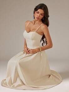 SHEIN Tall Elegant Women's Spaghetti Strap Long Puff Dress, Suitable For Daily Dates, Outings, Nightclubs, Parties, Autumn Season, Tall Women - Apricot - View 3