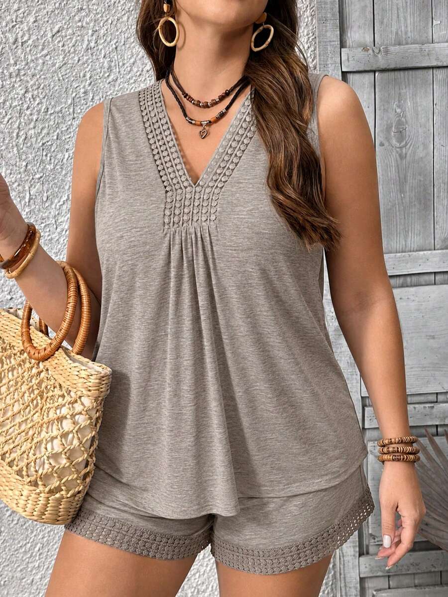 EMERY ROSE Plus Size Women's 2-Piece Set Solid Color Casual Formal Boho V-Neck Water-Soluble Lace Patchwork Sleeveless Knit Tank Top Short Loose Pants Summer - Camel - View 1