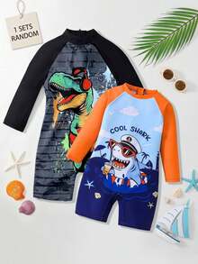 SHEIN Young Boy Letter Cartoon Pattern Long Sleeve Romper Swimsuit, Suitable For Beach Vacation, Pool Party, Beach Party - Black - View 2