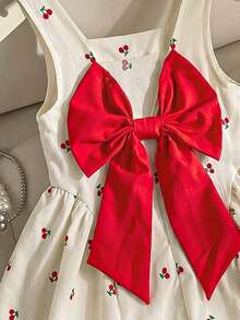 SHEIN Elladie kids 1件少女夏季新款方領無袖背心洋裝，櫻桃印花、後背V領設計、隱形拉鍊、可拆式大蝴蝶結、大下擺側抽褶，簡約百搭，適合日常、派對、海灘度假 - 杏色 - 查看 6