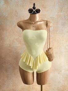 Mistrie Women's Strapless Ruffle Hem Romper Club Party Night Pale Yellow Summer Rave Sexy - Yellow - View 5