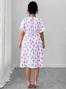 Elenzga Gaun A-line Lengan Pendek Leher Bulat Motif Bunga Manis Elegan Terlaris Ukuran Plus, Desain Pinggang Elastis yang Melangsingkan, Cocok untuk Perjalanan Sehari-hari, Jalan-jalan, Liburan, Pertemuan, dan Bepergian - Purple - View 2
