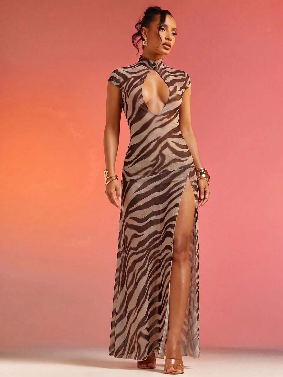 Hauture Abstract Floral Animal Print Lace Mesh Dress - Multicolor - View 1