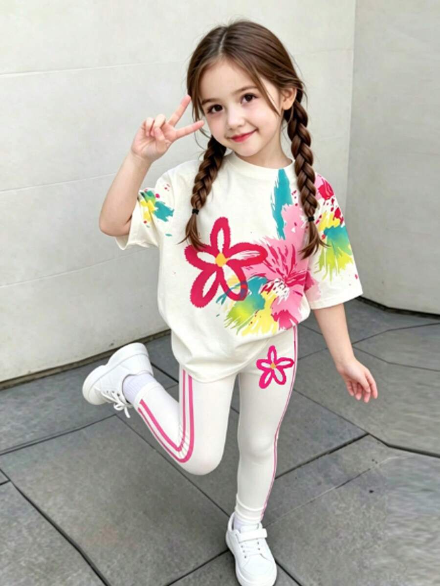 SHEIN 甜美活力彩色塗鴉花卉少女套裝,對比印花圓領短袖T恤搭配側條紋彈性內搭褲,親膚彈性面料,適合日常穿著、外出、上學、派對、拍照,春夏熱銷休閒童裝 - 彩色 - 查看 1