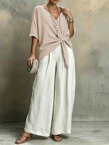 Weeklong Plus Size Casual Vacation Loose Hem V-Neck Short Shirt Beach Apricot Summer - Khaki - View 7