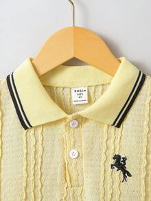Souflis 2件組小男孩領子POLO衫搭配可愛馬刺繡，配短褲，適合日常休閒、外出、度假、公園、學校，夏季穿搭 - 黃色 - 查看 6