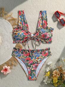 Swim Vcay Sweet Floral Random Print Wide Strap Tie-Front Triangle Bikini Set For Girls/Women - Multicolor - View 3