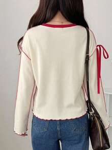 FRIFUL Women's Wavy Ruffle Edge Striped Loose Colorblock Trim Short Sleeve T-Shirt Summer Top Cute Tops - Beige - View 3