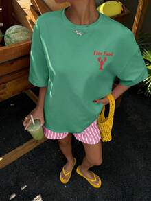 Comfortcana Oversize T-Shirts Casual Minimalist Shrimp Pattern Crew Neck Short Sleeve Ultra Loose Plus Size T-Shirt, Beach Holiday Vacation Mint Green Summer - Green - View 2
