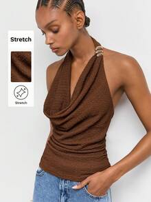 Maija Women's Summer Sexy Elegant Solid Color Cowl Neck Backless Halter Top, Off The Shoulder Top, Going Out Date Night Night Out Outfits Coffee Brown - Brown - View 5