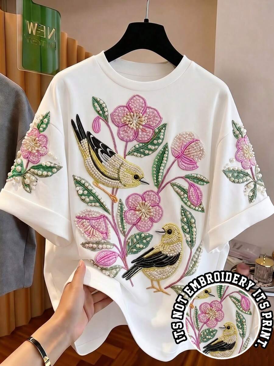 SHEIN LUNE 春夏季休閒度假風重工珠飾刺繡3D印花圓領寬鬆短袖女款T恤 母親節禮物 時尚白色印花女款T恤 - 白色 - 查看 1