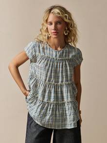 Freevana Women's Plaid Round Neck Cap Sleeve Frill Trim Casual Blouse Picnic Blue Plaid Plaid Summer Back-To-School Picnic Brunch - Multicolor - View 7