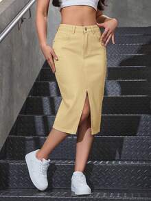 SHEIN Privé Casual Solid Color Fitted Slit Denim Mini Skirt, Summer - Khaki - View 8