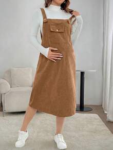 SHEIN 孕妇纯色工装口袋吊带连衣裙 - 卡其色 - 查看 3