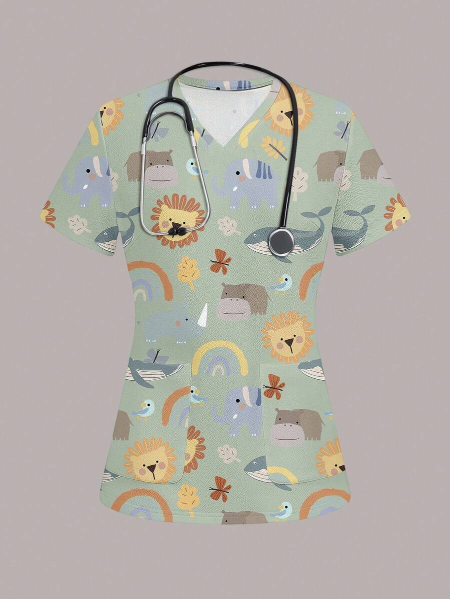 PopScrub Women's Cartoon Print Scrub Uniform Top - Multicolor - View 1