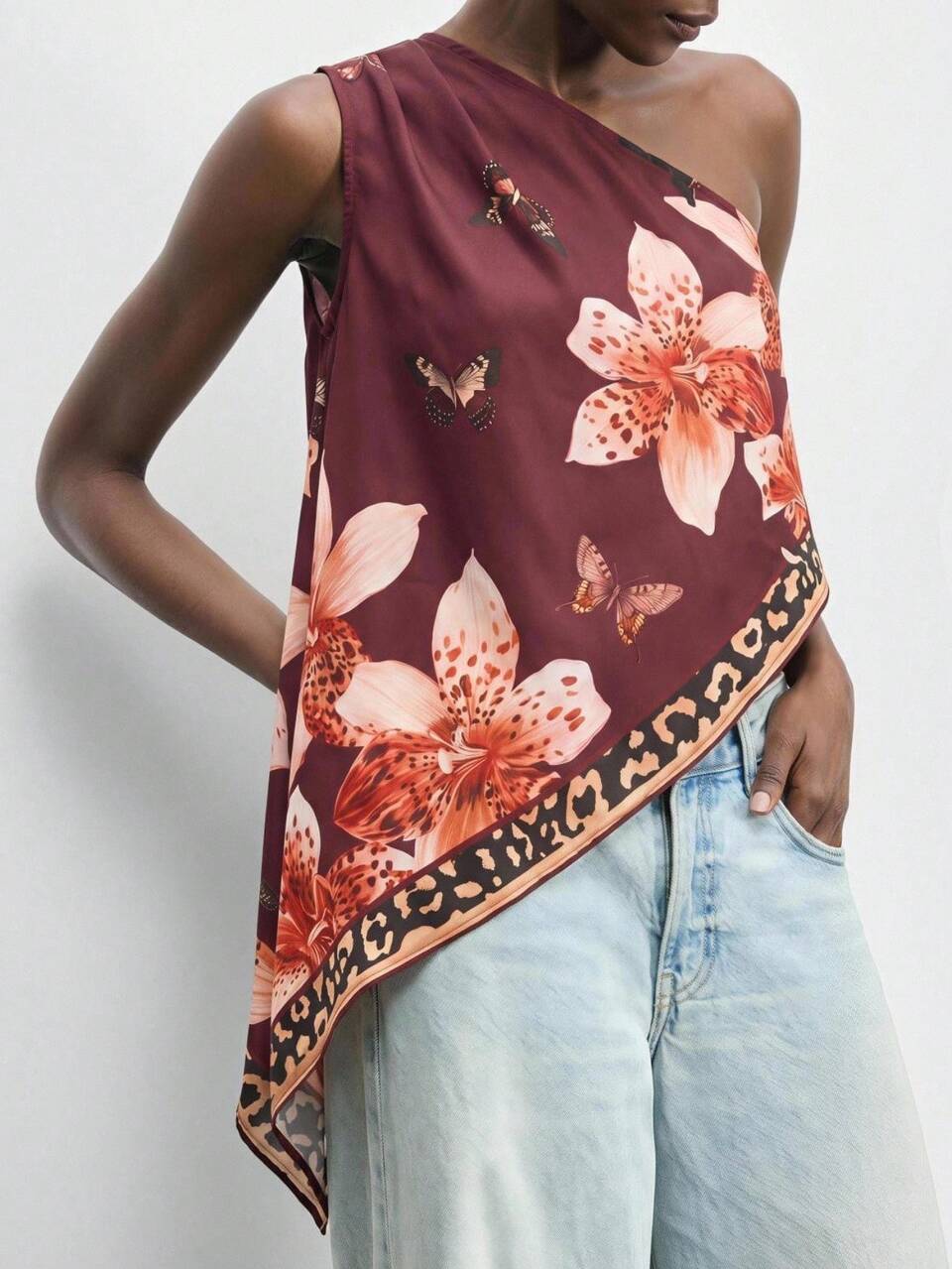 SHEIN Maija Women's One Shoulder Asymmetric Hem Floral Print Loose Blouse Vintage Old Money Teacher Style Fashion Summer Party Vacation Top Graduation