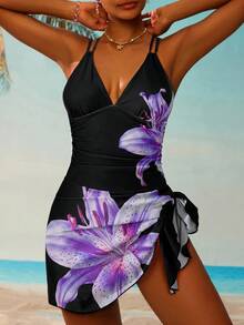 Swim Lushoire 女款花卉印花細肩帶連身泳裝洋裝，適合海灘度假、泳池派對、海灘派對 - 黑色 - 查看 3