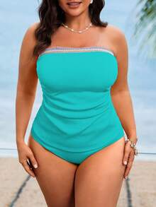 Swim Lushoire Plus Size Women's Pink Halter Bandeau Two-Piece High-End Colorblock Slimming Beach Vacation Swimsuit - Mint Green - View 3