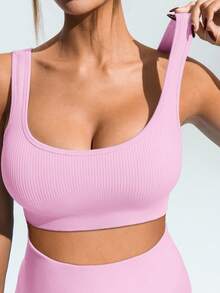 SHEIN Maternity Summer Solid Color Elastic Breathable Sports Bra And Shorts,Word Cup - Pink - View 6