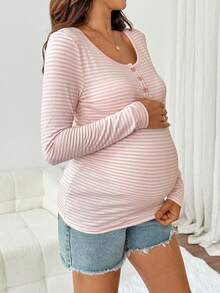 Slowluna Maternity Striped Colorblock Casual Versatile Daily Long Sleeve T-Shirt - Pink - View 10