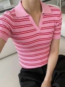 DAZY Top de punto casual versátil de uso diario con bloques de color a rayas para mujer - Rosa - Ver 2
