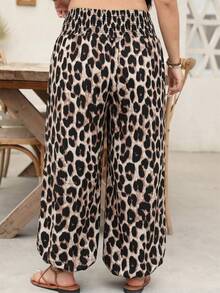 EMERY ROSE Plus Size Women's Beach Vacation Ruched Waist Leopard Print Jogger Pants Fall - Multicolor - View 2