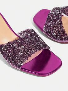 CUCCOO TILAWA Transparent Asymmetrical Chunky Heel Women's Glass Rhinestone Sandals - Purple - View 8