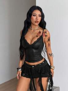 Coolane 女款秋冬/四季基本款 Y2K 復古可愛日常穿搭 撞色蕾絲蝴蝶結修身條紋背心上衣 - 黑色 - 查看 5