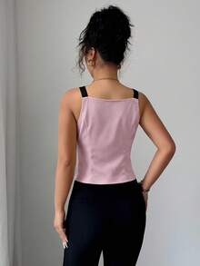 Elenzga Summer Elegant Commuter Vacation Casual Versatile Slim Fit Deep V-Neck Woven Romantic Vintage Button Exquisite Vest - Pink - View 2