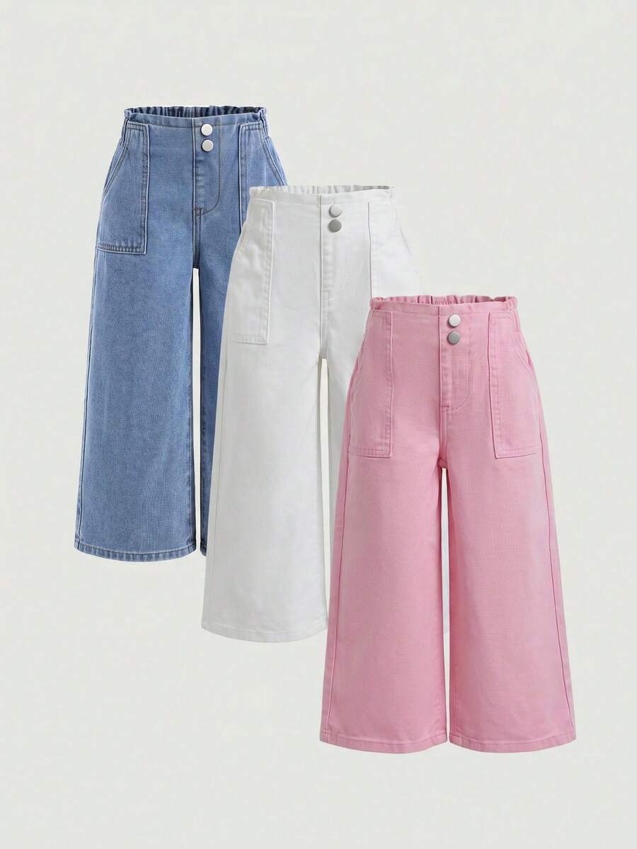 SHEIN 3pcs Dark Blue, Medium Blue, Light Blue Loose Denim Long Pants For Girls - Multicolor - View 1