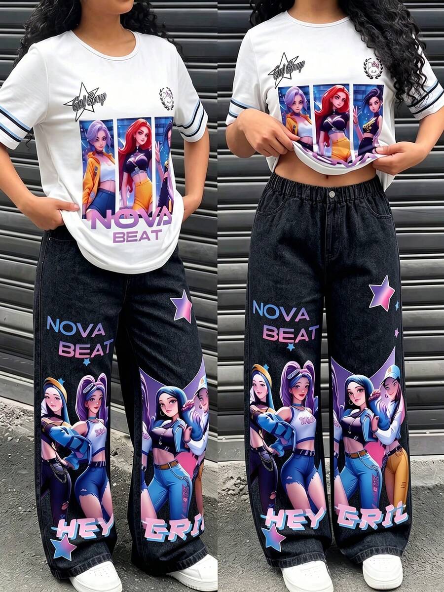Genkimix Kids 2件組青少年女孩套裝，數位印花技術，粉紅色上衣印有「NOVA BEAT」字母與星星裝飾卡通女孩，圓領短袖T恤 + 寬鬆休閒寬腿褲，整體運動休閒風格，適合日常穿著、學校活動，春夏季節 - 彩色 - 查看 1