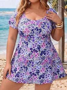 SHEIN CURVE+ 2026新款加大码女式短袖碎花泳装连衣裙吊带套装，适合夏季海滩度假 - 彩色 - 查看 6