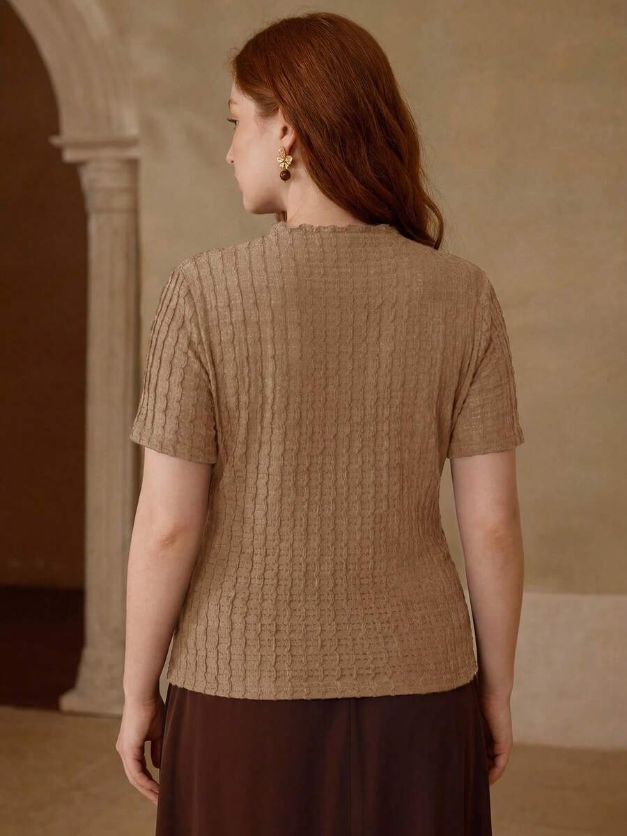MOTF PREMIUM PLUS SIZE SPRING/SUMMER WOMEN'S MOCK NECK SHORT SLEEVE FITTED BROWN KNIT JACQUARD T-SHIRT - Khaki - View 2