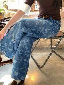 DAZY 女款拼接日系街頭風寬鬆寬腿休閒牛仔褲 夏季可愛上衣 - 藍色 - 查看 2