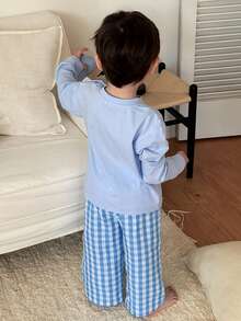 Hapijoa 嬰兒/幼兒(男童)圓領短袖T恤與格紋長褲套裝家居服 - 藍色 - 查看 2