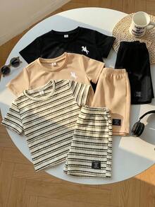 SHEIN 3件/套兒童夏季服裝 小男孩舒適休閒風圓領短袖條紋T恤上衣 梭織貼布裝飾短褲 2件套 超值多件組 適合外出、街頭風、派對、居家與休閒穿著 - 彩色 - 查看 4