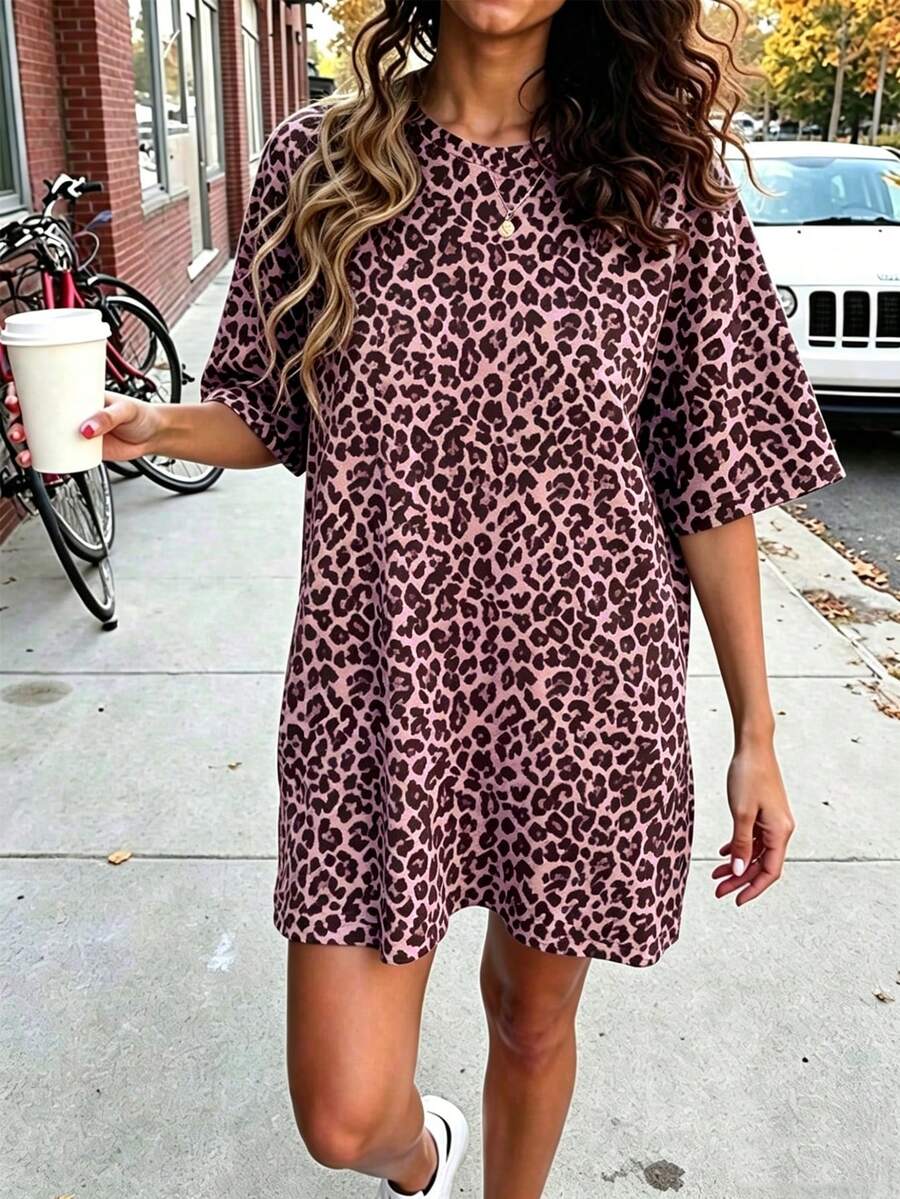 SHEIN PariChic Short Sleeve Round Neck Leopard Print Pattern Dress - Multicolor - View 1