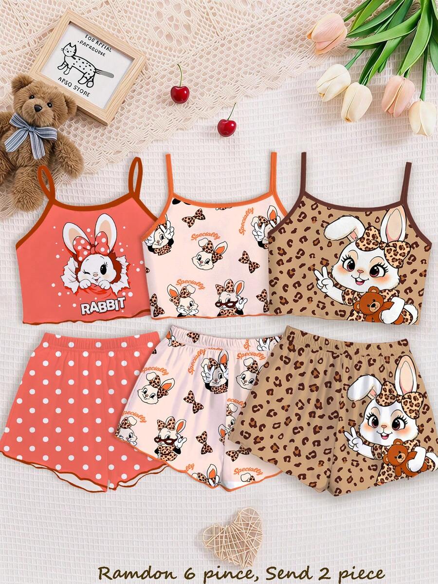 Young Girls Casual Simple Cute Cartoon Leopard Print Rabbit Graphic, Maillard Color Palette, Camisole Top And Shorts Loungewear 7th Birthday - Multicolor - View 1