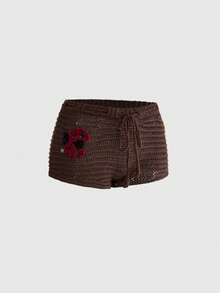 ROMWE Fairycore Cute Ladybug Print Shorts, Women Knit Pants, Spring/Summer - Brown - View 5