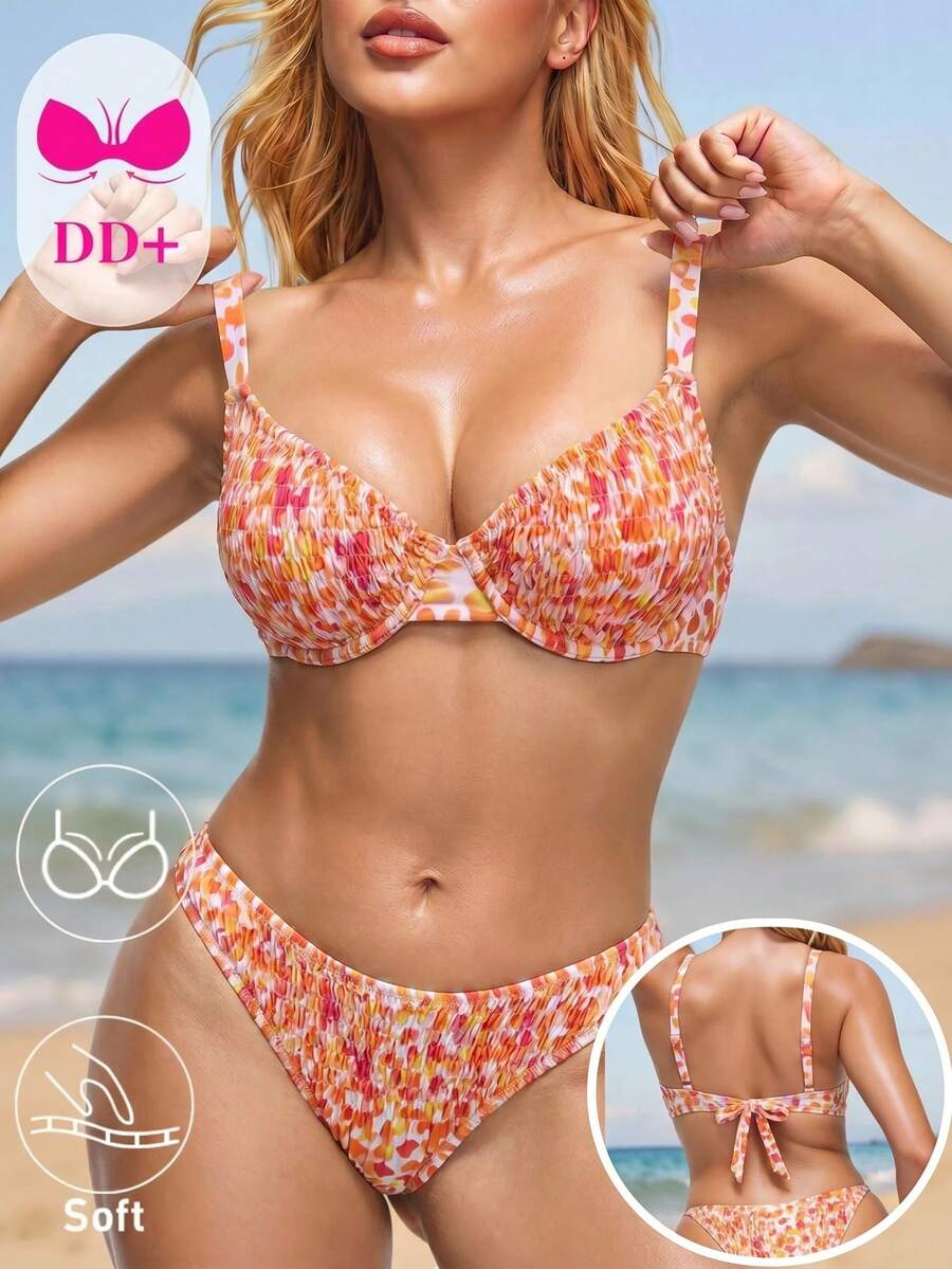 Swim DD+ Women's Halter Neck Ditsy Floral Push-Up Lift Swimsuit Top - Orange - View 1