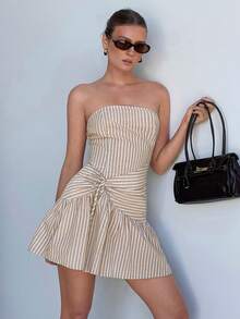 Lavishia Women's Beige Pleated Casual Versatile Date Vacation Mini Bandeau Dress Summer - Mocha Brown - View 6