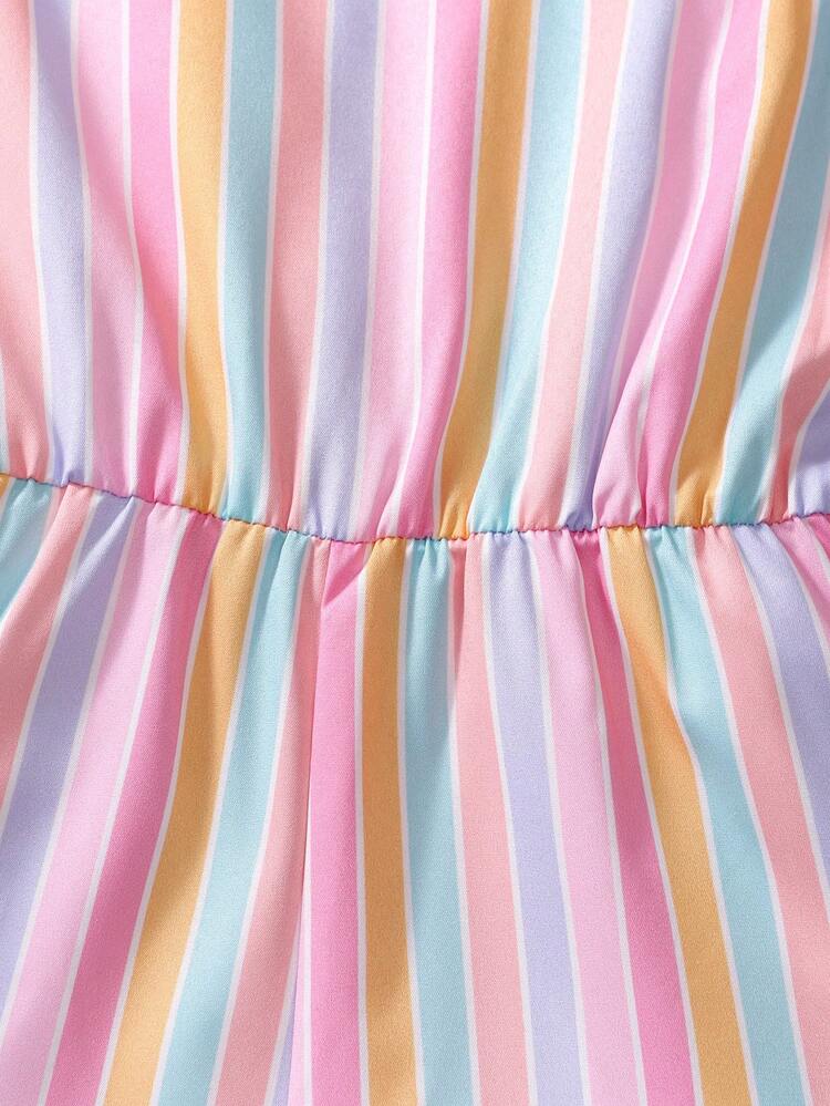 Genkimix Kids Girls Pink Striped Ruffle Sleeveless Romper - Elegant, Comfortable, Fashion Design. Summer Back Bow Style, Children's Romper Dress, Girls Summer Striped Romper, Ruffle Sleeve Romper, Cute Striped Romper, Young GirlLight Blue Summer Outfit. - Multicolor - View 7