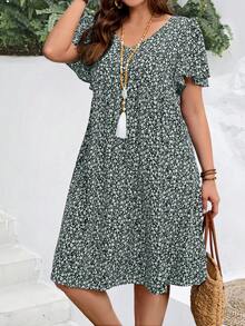 EMERY ROSE Vestido de vacaciones de verano con mangas con volantes y estampado floral pequeño para mujer de talla grande - Verde Oscuro - Ver 6