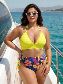 Swim Lushoire Traje de baño de 2 piezas para mujer talla grande con top halter de cuello en V color liso & Bottom de bikini triángulo con cordón estampado para vacaciones y playa - Multicolor - Ver 6