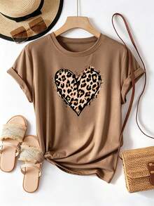 NostaNoir Leopard Heart Print Crew Neck Short Sleeve T-Shirt, Versatile Women's Top For Spring And Summer - Brown - View 3