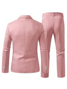 Manfinity Mode Men's Business Casual Long Sleeve Button-Up Blazer And Casual Pocket Trousers Suit Set, Formal - Pink - View 2